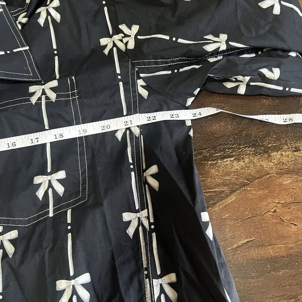 So Me Black Ribbon Bow Pattern Blouse Sz L Coquette Cottage Core Button Down